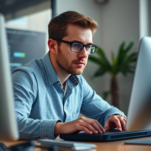 Portrait of Michael Jones, Head of Web Development at Starlight Media. He is typing on a keyboard and has a focused expression.