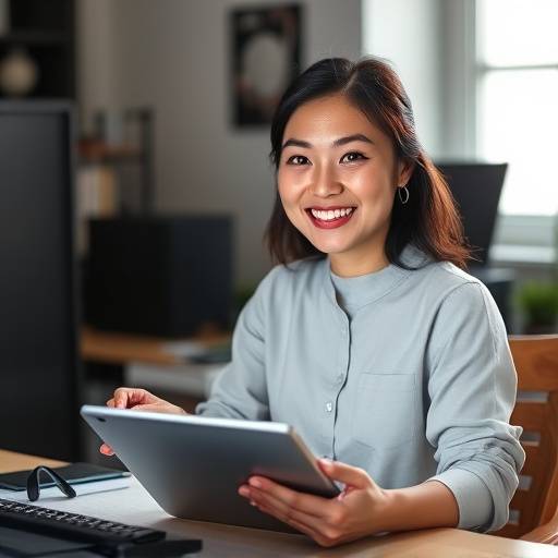 Portrait of Sarah Chen, Lead Graphic Designer at Starlight Media. She is sitting at a desk with a digital tablet and is smiling.